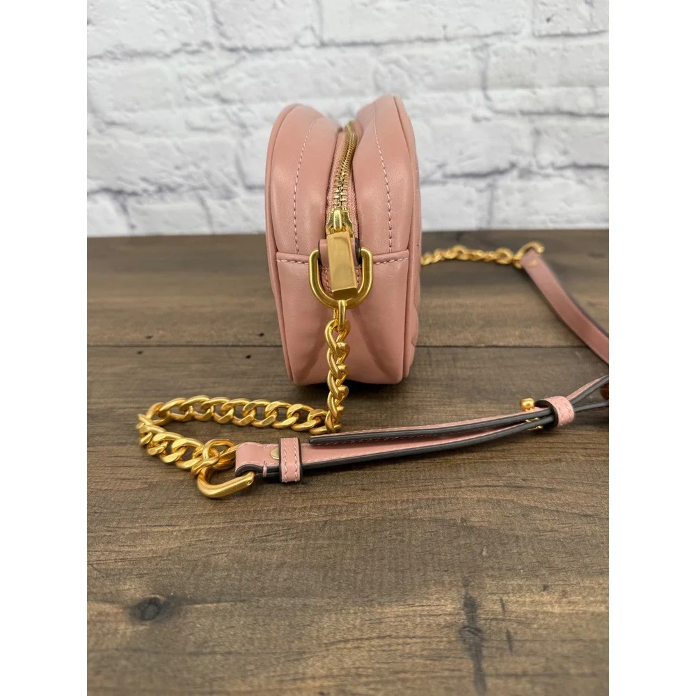 Tory Burch Kira Chevron Small Camera Bag Pink Moon Quilted Leather Crossbody